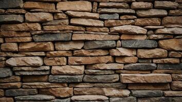 Light brown stone wall in panoramic close-up made of old, roughly hewn, different natural stones. photo