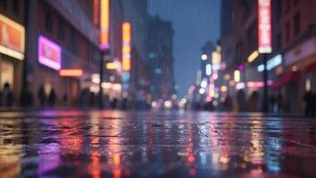 Lively Downtown Intersection A Dynamic Downpour Scene with Reflective Headlights and Neon Lights. photo