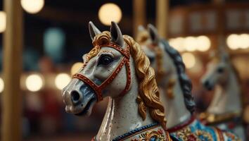 Merry go round horses carousel close up view with copy space. photo