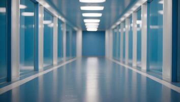Modern corridor with blue walls and white floor Conceptual and abstract. photo