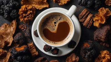 Organic Chaga mushroom coffee on light background Top view Horizontal Copy space. photo