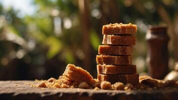 Palm Sugar Delight A Rustic Stack of Unrefined Goodness Basking in Bright Daylight. photo