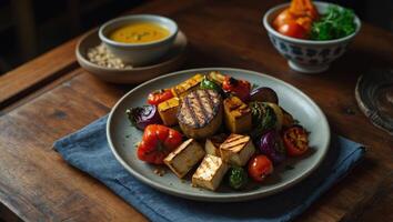 Overhead view of a plate of healthy grilled roast vegetables with tofu, or soybean curd, on a wooden table. photo