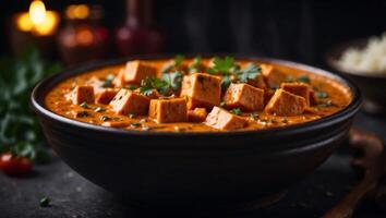 Paneer butter masala in a bowl on the dark table. photo