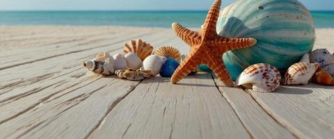 Panoramic view of a charming beach-themed background with various accessories and seashells on a white wooden surface, featuring ample space for text. photo
