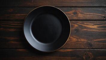 perspectiva ver de vacío negro plato en de madera antecedentes vacío espacio para tu diseño. foto