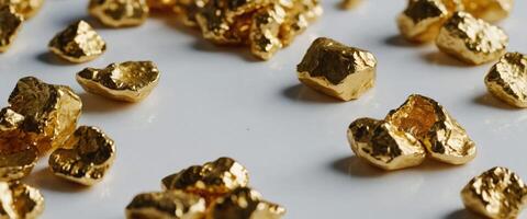 Pile of shiny gold nuggets on white textured table, flat lay Space for text. photo