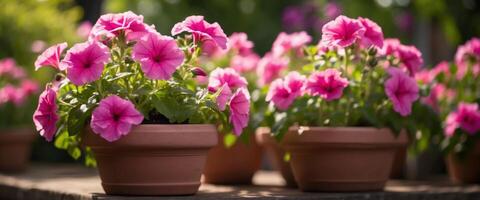 Pink petunia flowers in flowerpots on a background of a garden plot in spring or summer in sunlight. photo