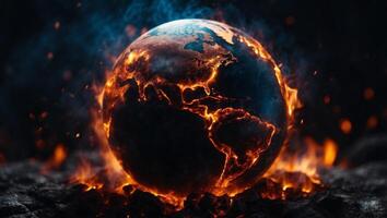 Planet earth burning in fire on a black background Global warming concept. photo