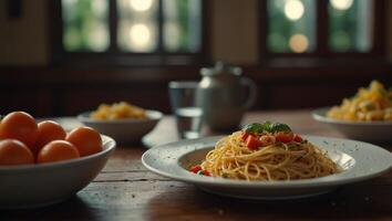 Plate of spaghetti pasta with vegetables on a table. photo
