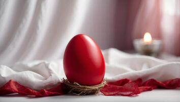 Red easter egg on a white sheet of fabric Easter concept. photo