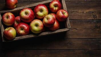 Ripe red apples in wooden box top view on rustic table Wide apple banner with space for your text. photo