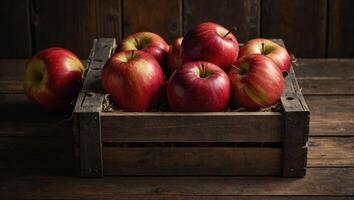 Ripe red apples in wooden box top view on rustic table Wide apple banner with space for your text. photo