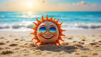 Smiling sun on the sand on tropical beach with blue water of sea or ocean with space for copy. photo