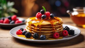 Stack of pancakes with honey sauce and berries on plate, top view angle. photo