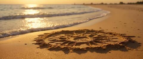 Sun symbol drawing drawn on a beach on the golden sand background with sea wave and foam on summer vacation at the resort. photo