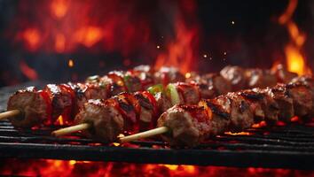 Suspiciously Red D Rendered Kebabs Sizzling Under Flickering Flames on a Hitechnology Background. photo