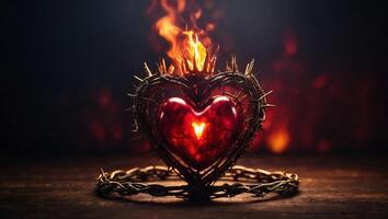 The Sacred Heart, a crown of thorns in the shape of a heart on fire background with copy space. photo