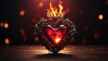 The Sacred Heart, a crown of thorns in the shape of a heart on fire background with copy space. photo