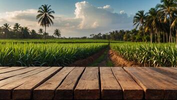 The empty wooden brown table top with blur background of sugarcane plantation Exuberant image , for montage or display products. photo