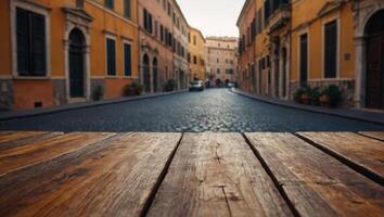 The empty wooden table top with blur background of Rome Exuberant image. photo