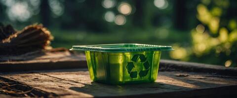 The recycling concept is visualized with disposable tableware and packaging made from biodegradable materials, adorned with a green recycling symbol. photo