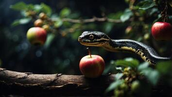 The original sin, the forbidden fruit Image of a snake and an apple on a tree branch in the dark. photo