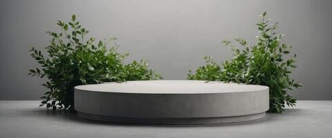 Top view of an empty round podium with green leaves on a light grey background, ideal for eco product presentations. photo