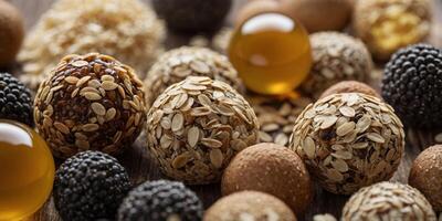 A closeup of the ingredients used in the energy balls including oats honey and chia seeds further emphasizing their nutritious properties. photo