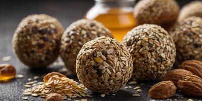 A closeup of the ingredients used in the energy balls including oats honey and chia seeds further emphasizing their nutritious properties. photo
