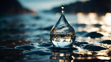 A drop of water on a background of ripples and waves. photo