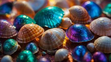 A collection of iridescent seashells on a reflective, colorful surface illuminated by light. photo