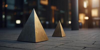 A mix of square and triangular plinths in different sizes creating a visually interesting display. photo