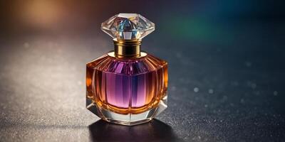A stunning perfume bottle with a faceted design and a mesmerizing color gradient resembling a crystal prism. photo