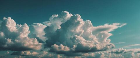 A vintage-toned sky serves as a blurred natural backdrop, featuring soft clouds and a gentle breeze tinted in cyan, blue, and green hues. photo