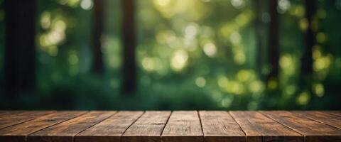 Blurred abstract green bokeh and wooden table background , for montage product display design. photo