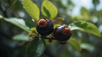 Close up jaboticaba on a tree with leaves and sky view. photo