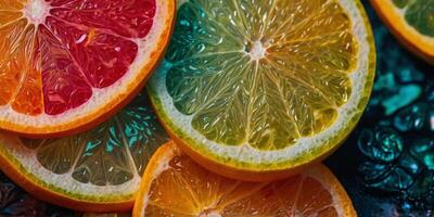 Close-up image of neon-colored citrus fruit slices with a psychedelic, glowing effect. photo
