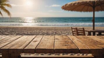 Empty wooden table using blurred sunny beach background. photo