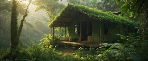 Lush green vegetation in jungle in morning sunlight Dense tropical forest Abandoned hut in jungle. photo