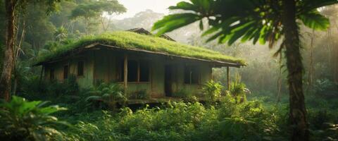 Lush green vegetation in jungle in morning sunlight Dense tropical forest Abandoned hut in jungle. photo