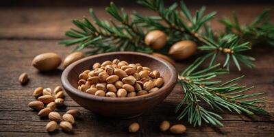 Pine Nuts on a Wooden Background with Ample Copy Space. photo