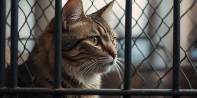 The muzzle of a sad cat is visible through the bars of the pet shelter. photo