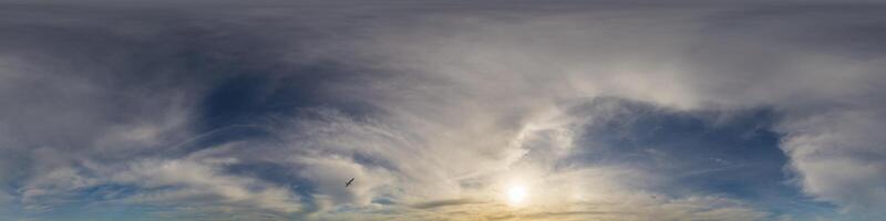 Dark blue sunset sky panorama with Cirrus clouds. Seamless hdr 360 panorama in spherical equirectangular format. Full zenith for 3D visualization, sky replacement for aerial drone panoramas. photo