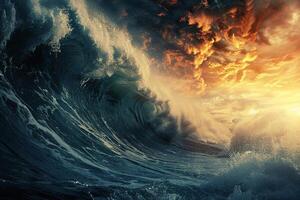 Scary tsunami with huge foamy wave, apocalyptic dramatic background photo