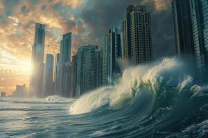 Scary tsunami with huge foamy wave, apocalyptic dramatic background photo