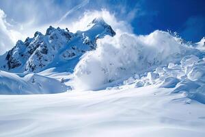 Descent of an huge avalanche from the mountain, winter nature landscape photo