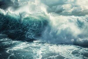 Scary tsunami with huge foamy wave, apocalyptic dramatic background photo