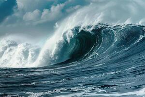 Scary tsunami with huge foamy wave, apocalyptic dramatic background photo