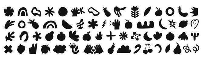 Set of silhouettes minimalistic bizarre abstract geometric unusual shapes and forms in matisse art style, Hand drawn monochrome primitive, Big doodle objects and graphic elements, fruits vector